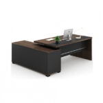 Jun Executive L-Shape Desk with attached Side Return 160cm  Rhine Dark Oak+Shatter Iron Grey        Melamine