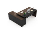 Jun Executive L-Shape Desk with attached Side Return 180cm  Rhine Dark Oak+Shatter Iron Grey        Melamine