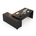 Jun Executive L-Shape Desk with attached Side Return 180cm  Rhine Dark Oak+Shatter Iron Grey        Melamine