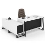 Haze Executive L-Shape Desk 180cm White Black Melamine -Made in Turkey