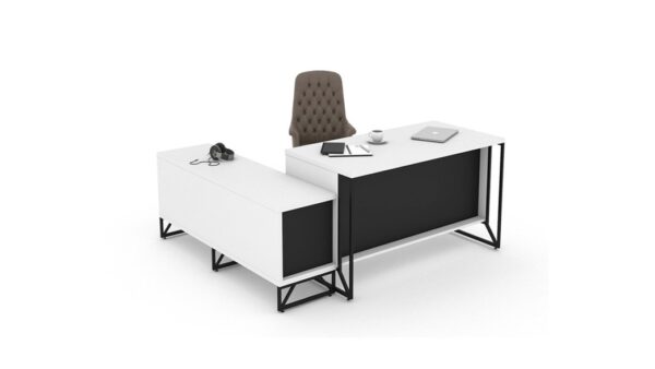 Haze Executive L-Shape Desk-200cm White Black Melamine -Made in Turkey