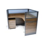 BR Single L-Shape Workstation with Side Panels 120x140cm with Half Glass-Half Melamine Partition Brown - Image 2