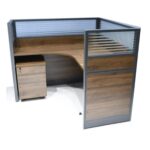 BR Single L-Shape Workstation with Side Panels 140x140cm with Half Glass-Half Melamine Partition Brown