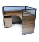 BR Single L-Shape Workstation with Side Panels 120x140cm with Half Glass-Half Melamine Partition Brown