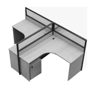 OW Cluster of 2 L-Shape Workstation 140x140cm with Half Glass-Half Melamine Partition Off-white