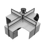 OW Cluster of 4 L-Shape Workstation 140x140cm with Half Glass-Half Melamine Partition Off-white