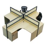 MP Cluster of 4 L-Shape Workstation 120x140cm with Half Glass-Half Melamine Partition Maple